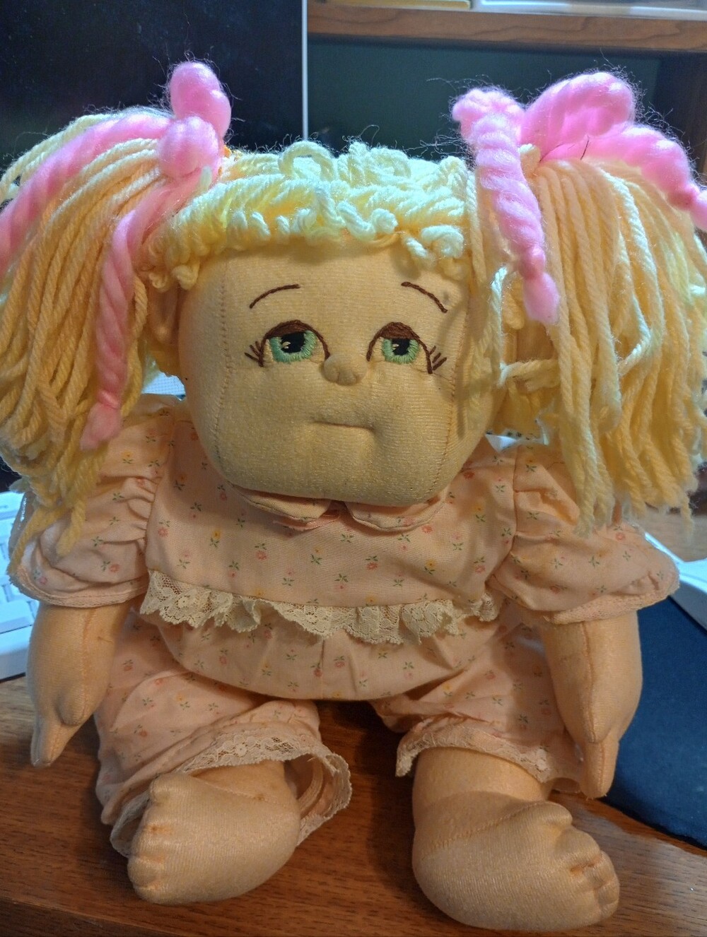 Vintage. Pink & Yellow Plush Rag Doll for Kids - Soft Cuddly Toy